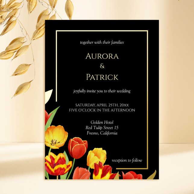 Bright & Bold Colourful Tulips Black Spring Weddin (Bright & Bold Colorful Tulips Black Spring Wedding Foil Invitation)