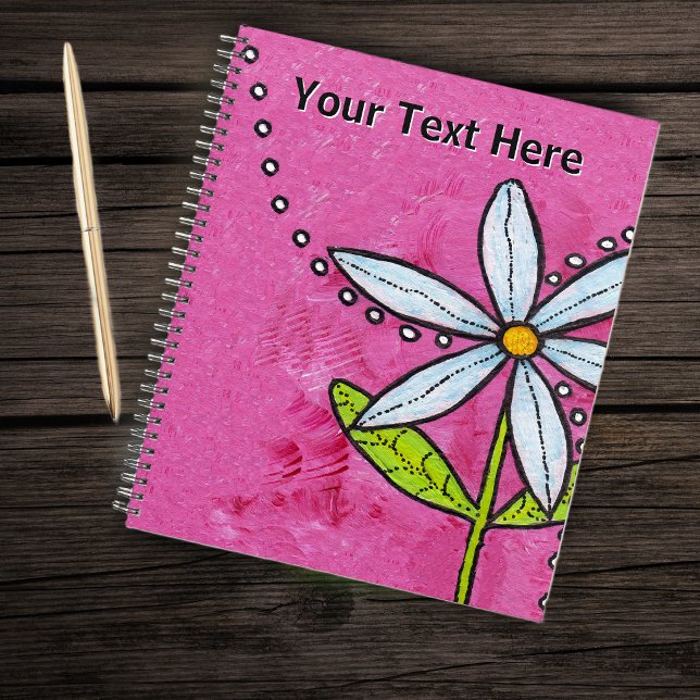 Bright Bold Daisy Flower Leaves Textured Pink Planner (Bold bright white daisy flower green leaves white circles on faux textured pink planner.)
