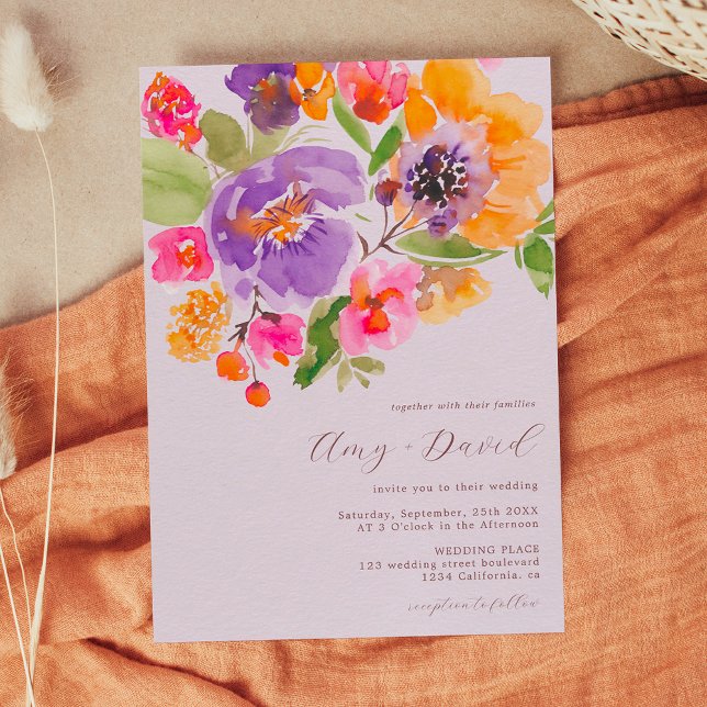 Bright bold fall floral watercolor photo wedding invitation (Creator Uploaded)