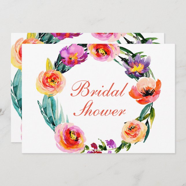 Bright Bold Floral Wreath Watercolor Bridal Shower Invitation (Front/Back)