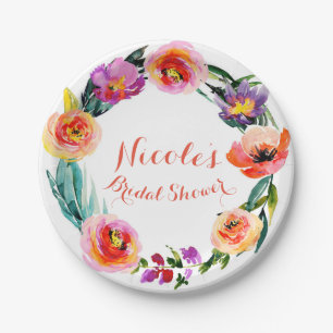 Bright Bold Floral Wreath Watercolor Bridal Shower Paper Plate