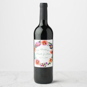 Bright Bold Floral Wreath Watercolor Custom Wine Label