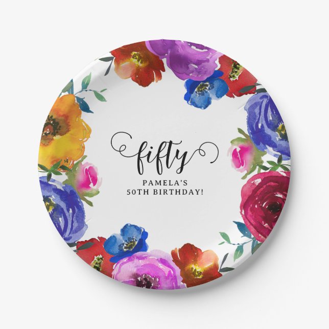 Bright & Bold Florals 50th Birthday Paper Plate (Front)