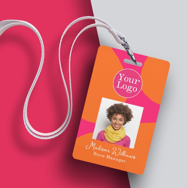 Bright Bold Hot Pink and Orange with Photo ID Badge (A bold and bright employee ID badge with cheerful colors of hot pink and orange.)