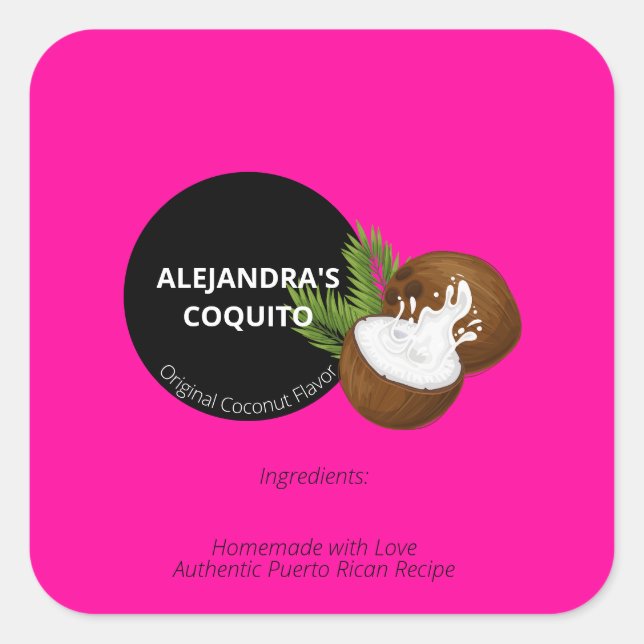 Bright Bold Hot Pink Coconut Coquito Bottle Square Sticker (Front)