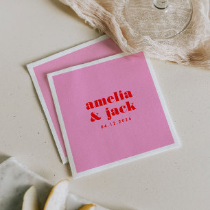 Bright Bold Pink and Red Modern Monogram Wedding Napkin