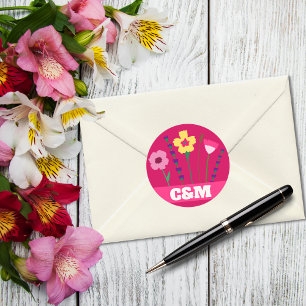 Bright & Bold Pink Colourful Floral Monogram  Classic Round Sticker