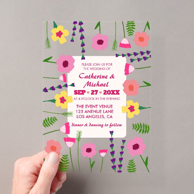 Bright & Bold Pink Colourful Floral Wedding Acrylic Invitations (Insitu (Handheld))