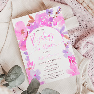 Bright bold pink purple floral baby shower invitation