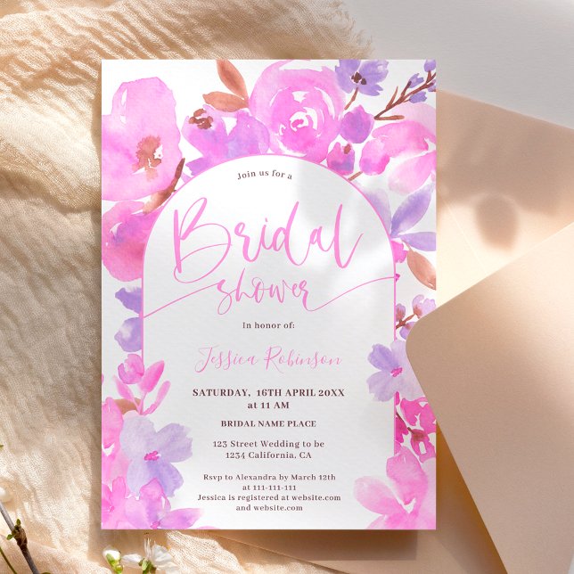 Bright bold pink purple floral bridal shower invitation (Creator Uploaded)