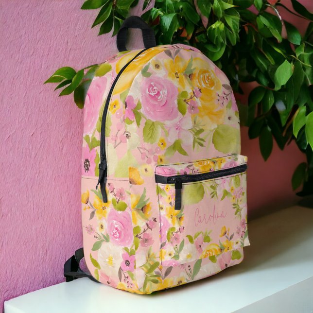 Bright bold pink yellow name summer floral printed backpack (Bright bold pink yellow name summer floral printed backpack)