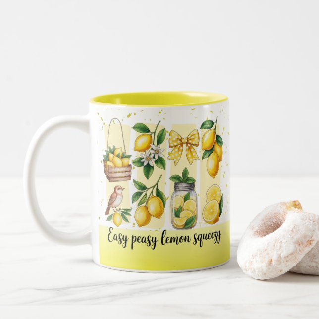 Bright Bold Preppy Lemon Summer Vibes Two-Tone Coffee Mug (With Donut)