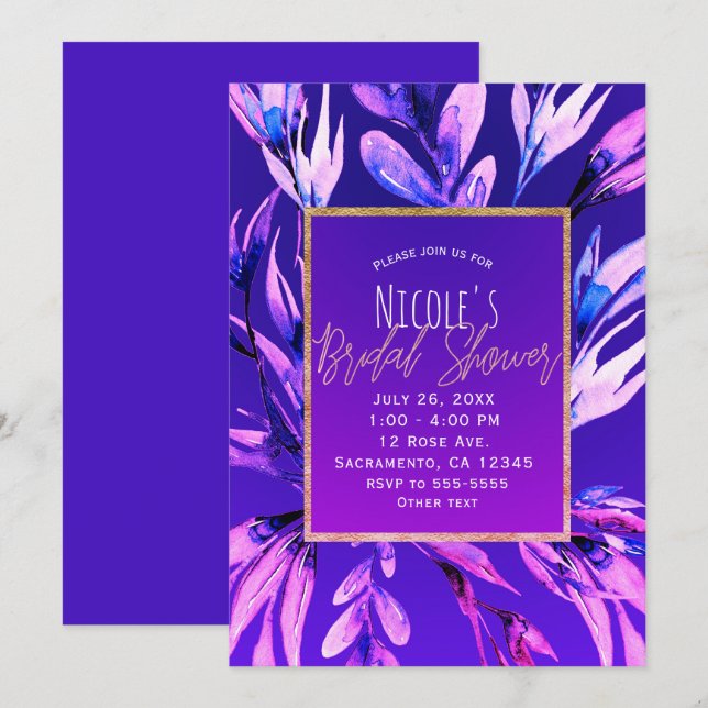 Bright Bold Purple Watercolor Botanical Bridal Invitation (Front/Back)