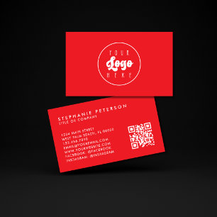 Bright Bold Red Custom Company Logo QR Code Business Card