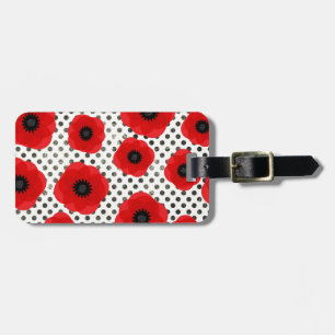 Bright Bold Red Poppies Black and White Polka Dot Luggage Tag