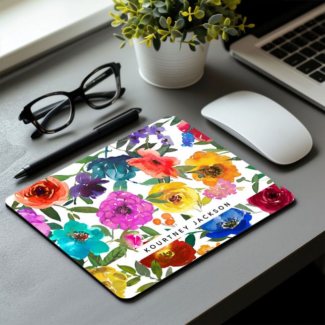 Bright & Bold Watercolor Floral Personalised  Mouse Pad (Creator Uploaded)