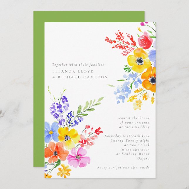 Bright & Bold Watercolor Floral Wedding Invitation (Front/Back)