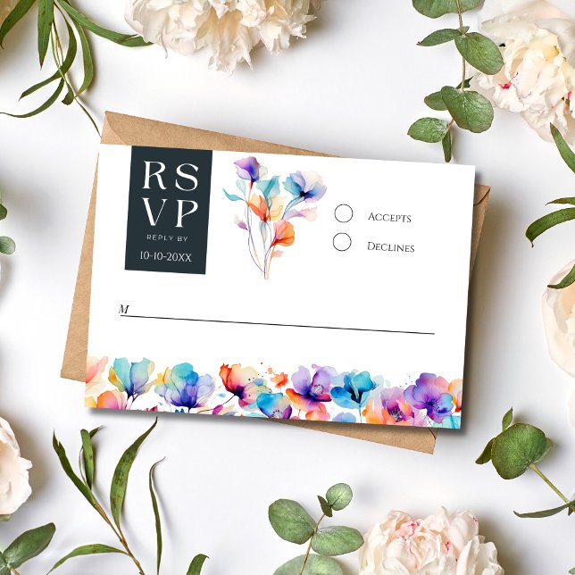 Bright Bold Watercolor Floral Wedding RSVP Card (Bright Bold Watercolor Floral Elegant Modern Wedding RSVP card)