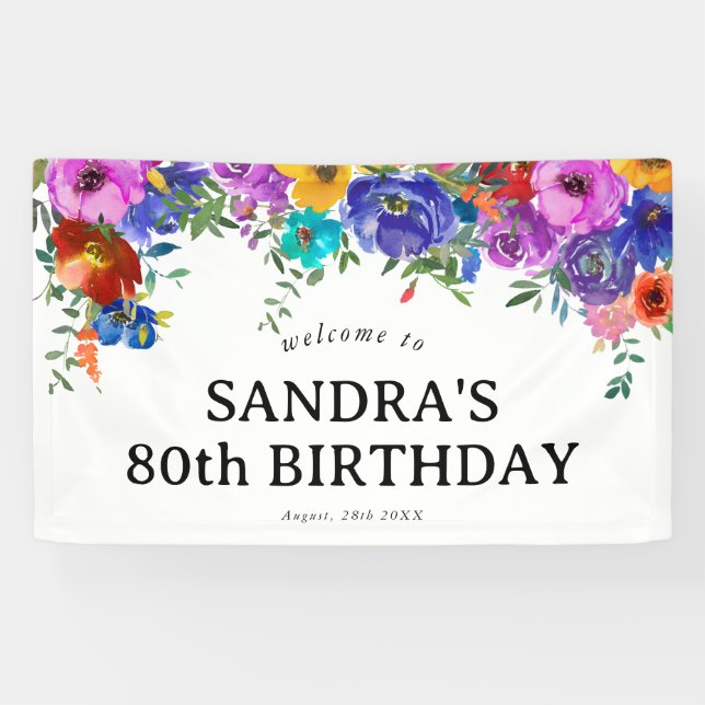 Bright & Bold Watercolor Florals 80th Birthday Banner (Horizontal)