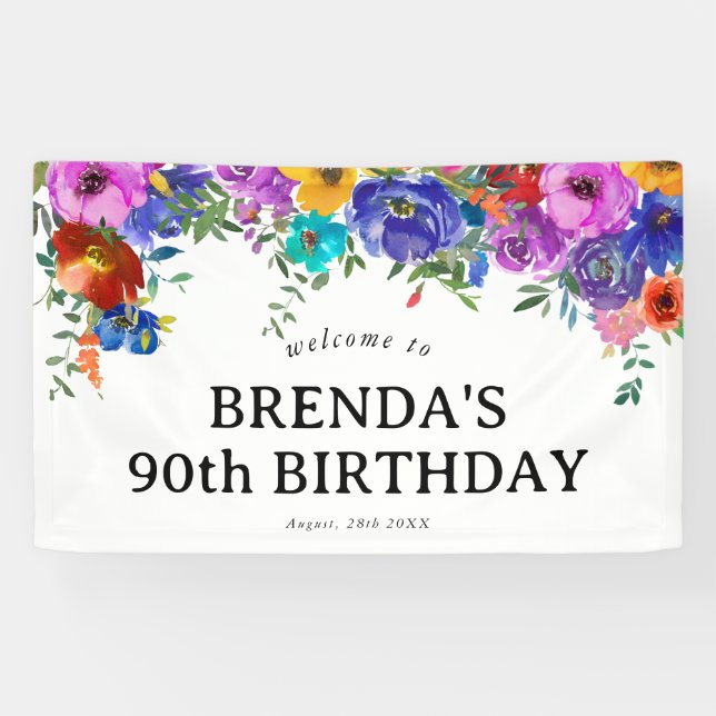 Bright & Bold Watercolor Florals 90th Birthday Banner (Horizontal)