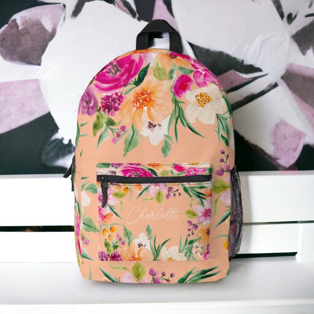 Bright bold wild flowers neon pink peach name printed backpack (Bright bold wild flowers neon pink peach name printed backpack)