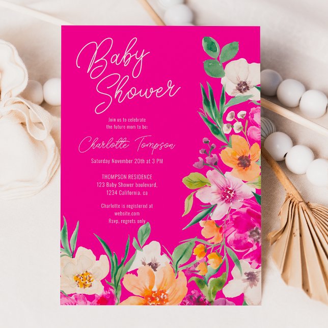 Bright bold wild flowers script baby shower invitation (Bright bold wild flowers script baby shower invitation)