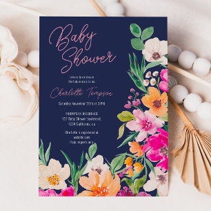 Bright bold wild flowers script baby shower invitation