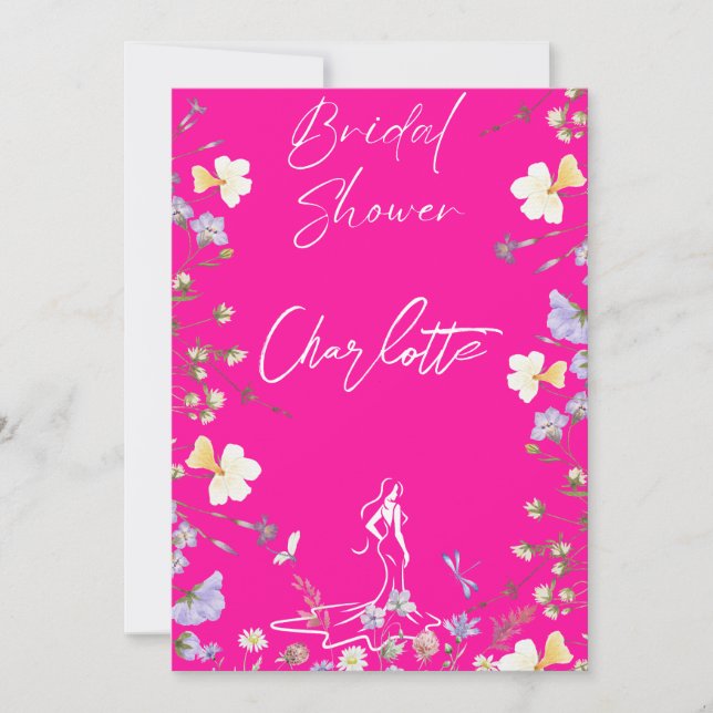Bright bold wild flowers script bridal  invitation (Front)