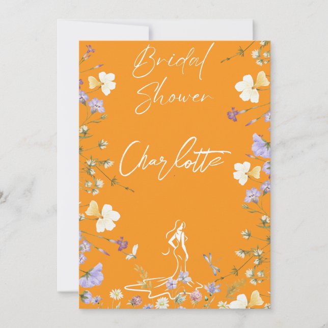 Bright bold wild flowers script bridal  invitation (Front)