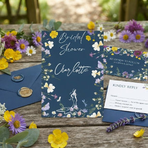 Bright bold wild flowers script bridal invitation