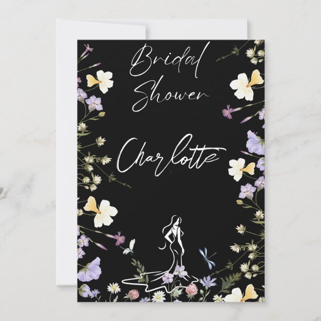 Bright bold wild flowers script bridal  invitation (Front)