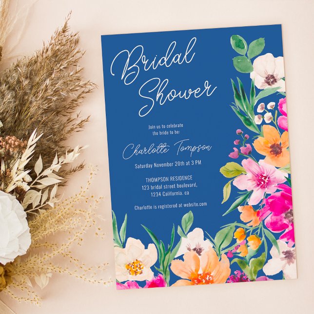 Bright bold wild flowers script bridal shower invitation (Bright bold wild flowers script bridal shower invitation on blue)