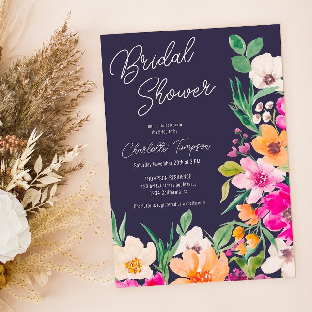 Bright bold wild flowers script bridal shower invitation (Bright bold wild flowers script bridal shower invitation on navy blue)