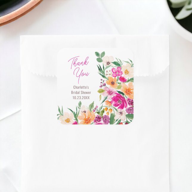 Bright bold wild flowers script bridal shower square sticker (Bright bold wild flowers script bridal shower square sticker)