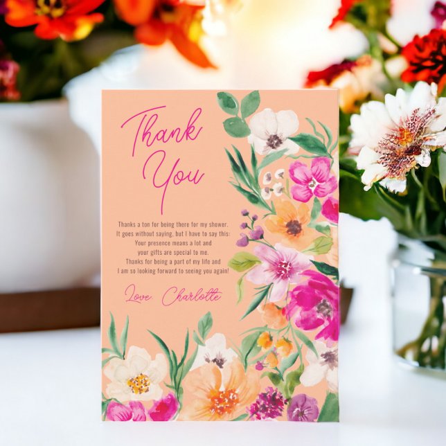 Bright bold wild flowers script bridal shower thank you card (Bright bold wild flowers script bridal shower thank you card)