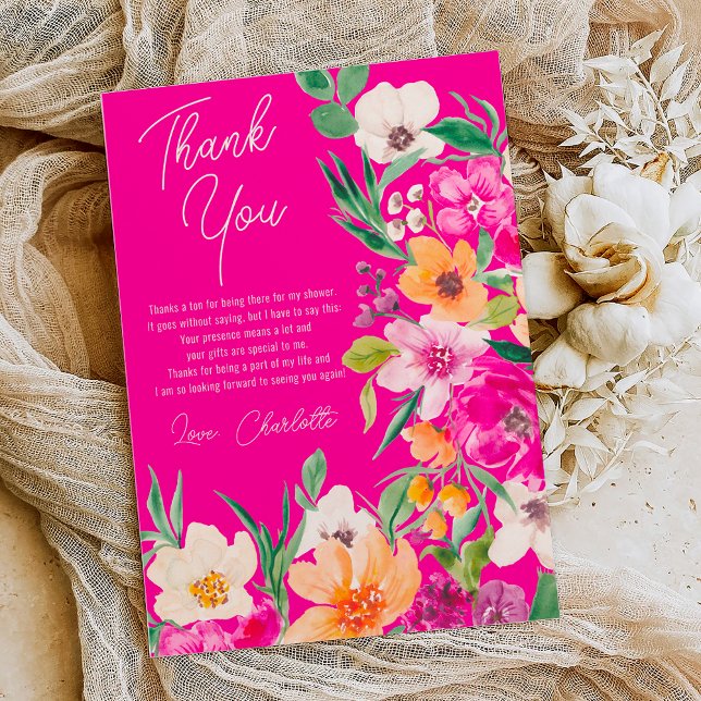 Bright bold wild flowers script bridal shower thank you card (Bright bold wild flowers script bridal shower thank you card on neon pink)