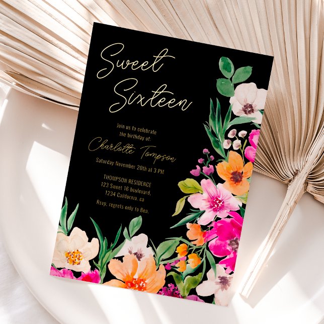 Bright bold wild flowers script Sweet 16 (Bright bold wild flowers script Sweet 16 Foil Invitation)
