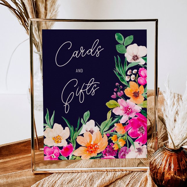 Bright bold wild flowers welcome bridal shower poster (Bright bold wild flowers welcome bridal shower poster on navy blue)