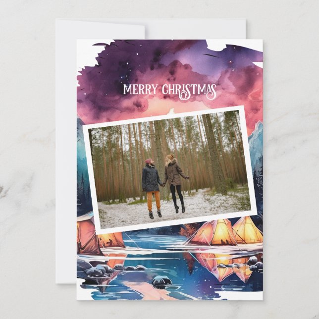 Bright Bold Winter Camping Couple Christmas Photo  Holiday Card (Front)