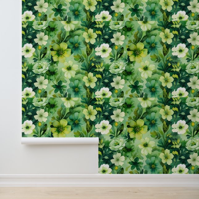 Bright Botanical Green Floral Peel and Stick Wallpaper (Application)