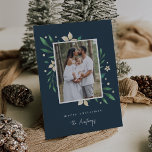 Bright Boughs | Botanical Christmas Photo Holiday Card<br><div class="desc">Elegant and festive holiday photo card frames your favourite vertical or portrait orientated image with a subtle deckled edge border and white and green holiday foliage peeking out at the corners. "Merry Christmas" or your choice of greeting appears beneath, along with your family name, on a contrasting navy blue background....</div>
