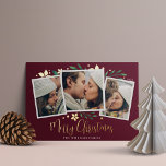 Bright Boughs | Three Photo<br><div class="desc">Elegant and festive holiday photo card frames three of your favourite square photos with a subtle deckled edge border and green holiday foliage peeking out at the corners with gold foil poinsettia flowers and berries. "Merry Christmas" appears along the bottom in foil calligraphy script,  with your names beneath.</div>