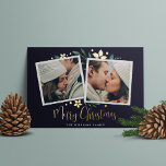 Bright Boughs | Two Photo<br><div class="desc">Elegant and festive holiday photo card frames two of your favourite square photos with a subtle deckled edge border and green holiday foliage peeking out at the corners. Gold foil poinsettia flowers and berries complete the design. "Merry Christmas" appears along the bottom in foil calligraphy script, with your names beneath....</div>