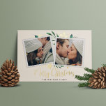 Bright Boughs | Two Photo<br><div class="desc">Elegant and festive holiday photo card frames two of your favourite square photos with a subtle deckled edge border and green holiday foliage peeking out at the corners. Gold foil poinsettia flowers and berries complete the design. "Merry Christmas" appears along the bottom in foil calligraphy script, with your names beneath....</div>