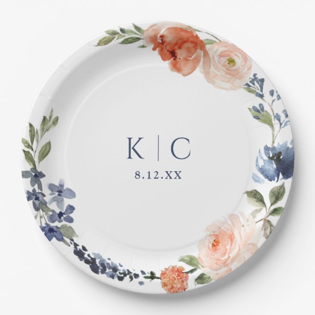 Bright Bridal Shower Orange Dusty Blue Peony  Paper Plate (Front)