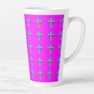 BRIGHT BUSY CROSS DESIGN WITH FLOWERS LATTE MUG