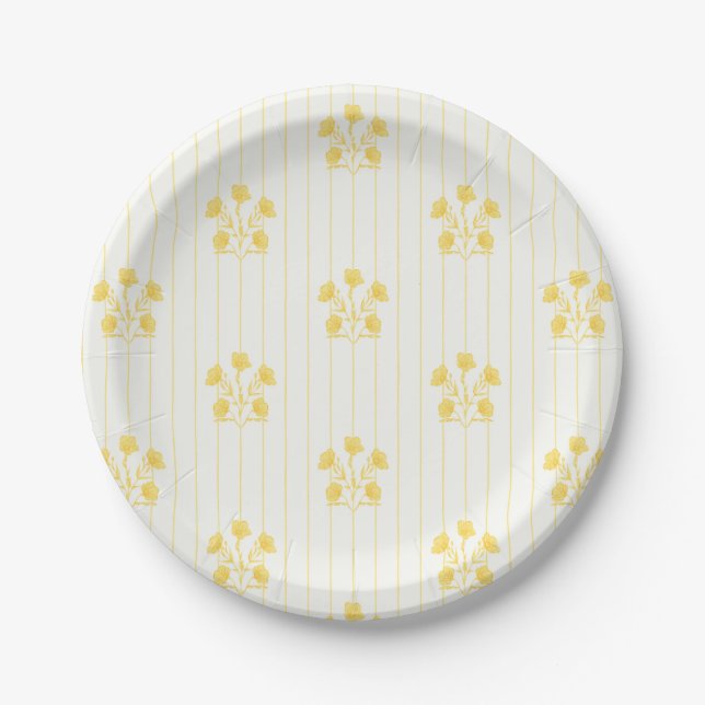 Bright Butter Yellow Flower Stripes Paper Plate (Front)