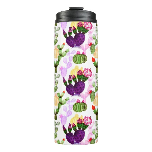 Bright Cactuses Pen Drawing Botanical Pattern Thermal Tumbler (Front)