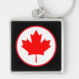 Bright Canadian Maple Leaf Red Circle White Black Key Ring