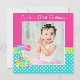 Bright Candy Polka Dot Girl 1st Birthday Photo Invitation